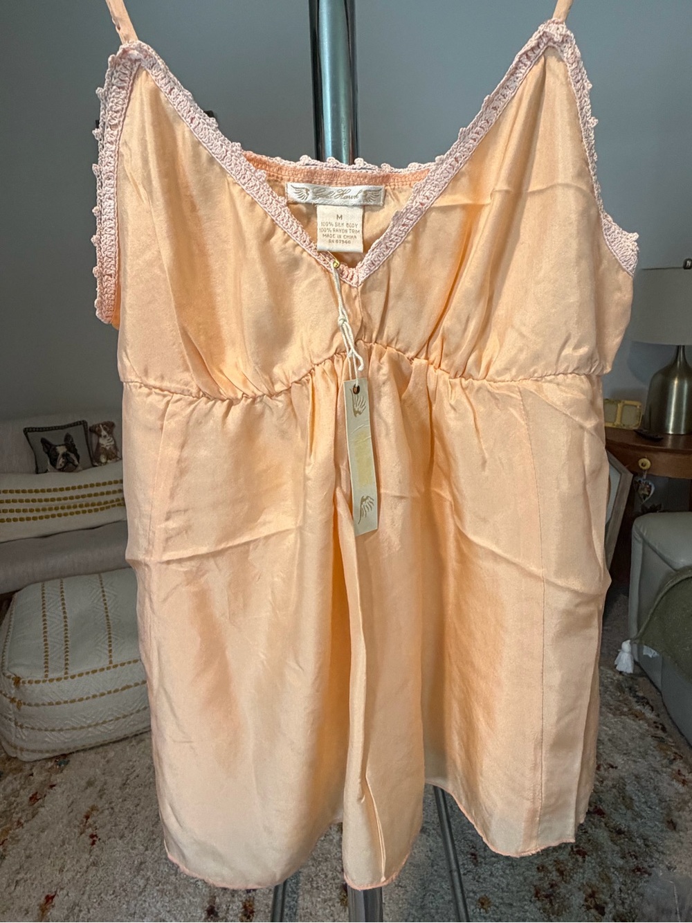 Gold Hawk Peach 100% Silk Lace-Trim Camisole